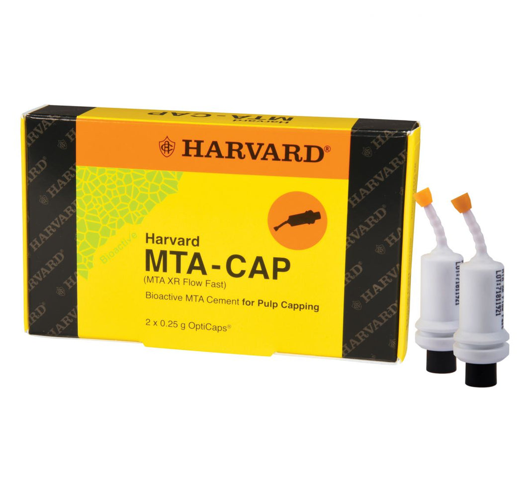 Harvard MTA-CAP OptiCaps® Verpackung und zwei Kapseln für Zahnarztanwendungen.
