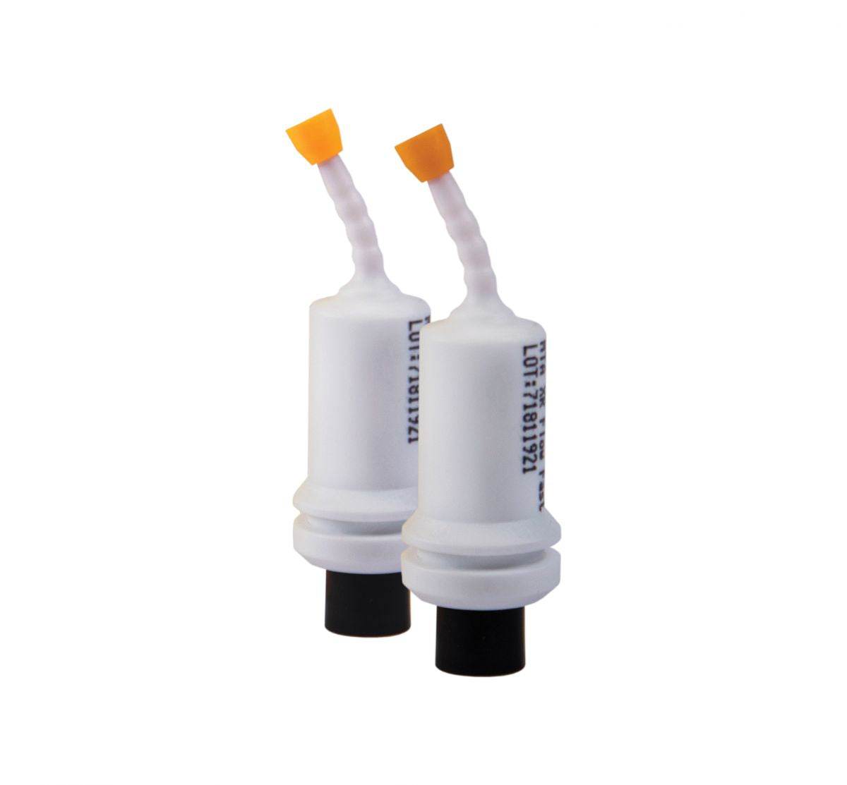 Zwei weiße Harvard MTA-CAP OptiCaps® Kapseln mit gelben Verschlüssen.