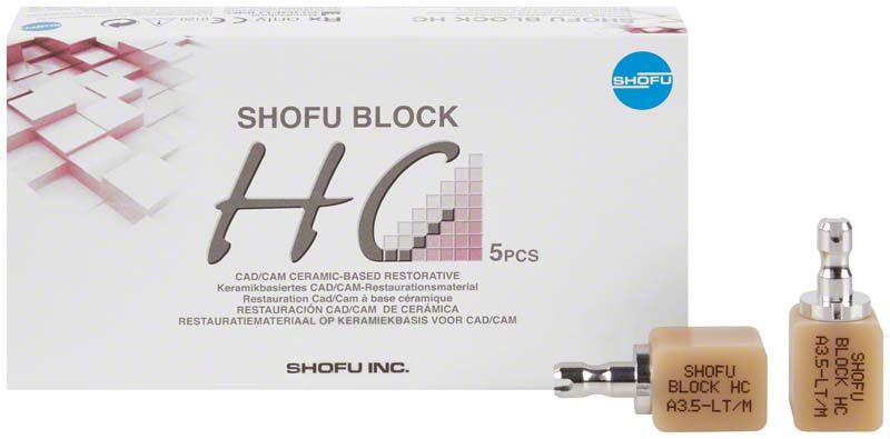 SHOFU Block HC 1-schichtig UNIVERSAL LT A3,5 Verpackung mit Keramikblöcken und Produktdetails.