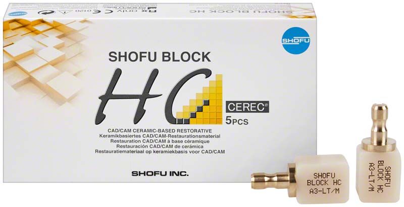 SHOFU Block HC 1-schichtig CEREC LT A3 Verpackung mit Einzelblockansicht.
