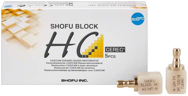 SHOFU Block HC 1-schichtig CEREC HT A1 mit Verpackung und Einzelblock.