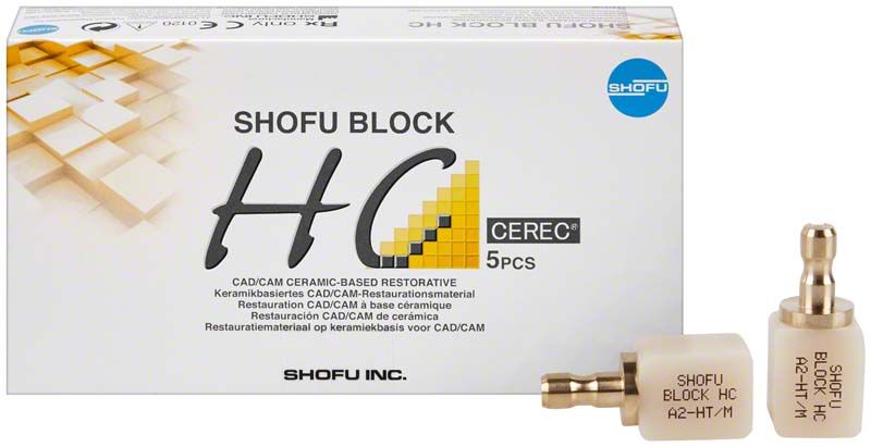 SHOFU Block HC 1-schichtig CEREC HT A2 Verpackung mit zwei CAD/CAM Blöcken.