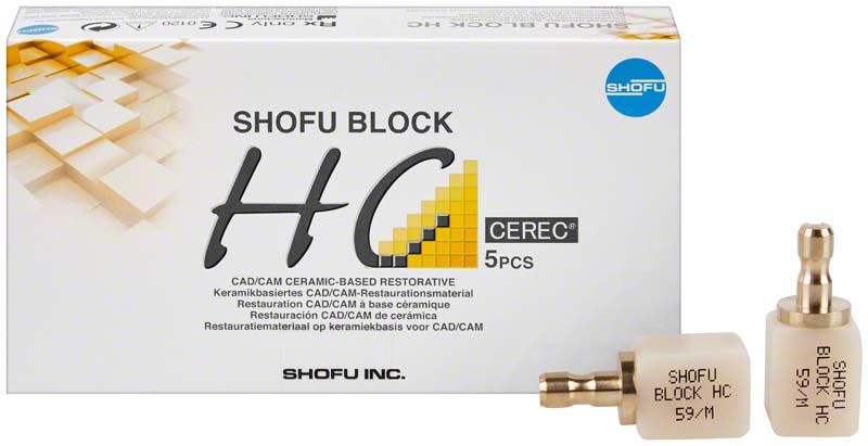 SHOFU Block HC 1-schichtig CEREC T 59 mit Verpackung und Einzelblock.