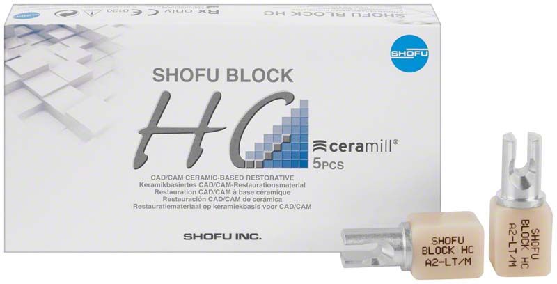 SHOFU Block HC Keramikrestaurationsmaterial mit Verpackung und Einzelblockansicht.