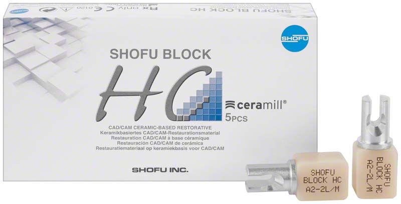 SHOFU Block HC 2-schichtig CERAMILL LT A2-2L mit Verpackung und Produktansicht.