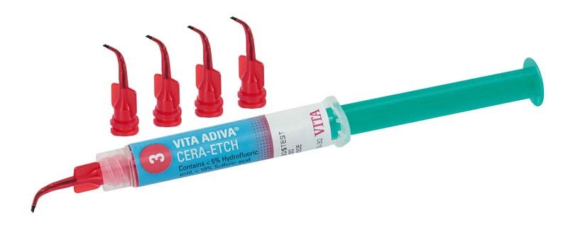 VITA ADIVA® CERA-ETCH 3ml Spritze mit Flusssäure-Gel und vier Applikationsspitzen.