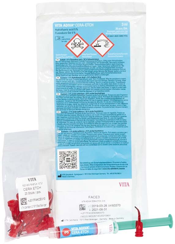 VITA ADIVA® CERA-ETCH 3ml Spritze und Beutel mit Sicherheitskennzeichnungen.