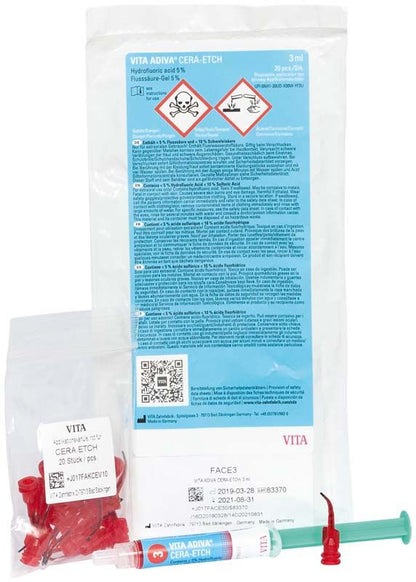 VITA ADIVA® CERA-ETCH 3ml Spritze und Beutel mit Sicherheitskennzeichnungen.