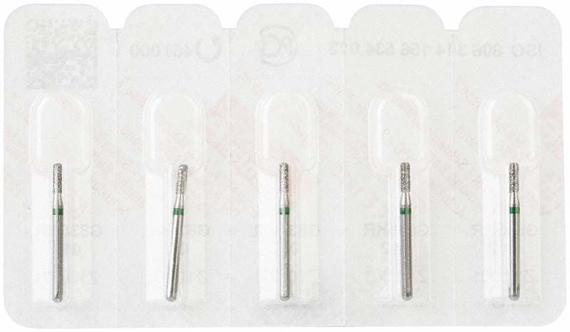 Diamantschleifer FG 835KRG 012 in Blisterverpackung mit grünem Ring.