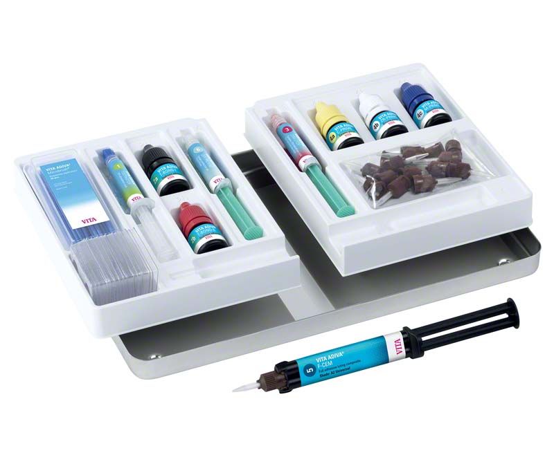 VITA ADIVA® FULL-ADHESIVE Set mit Spritzen und Flaschen in weißem Tablett.
