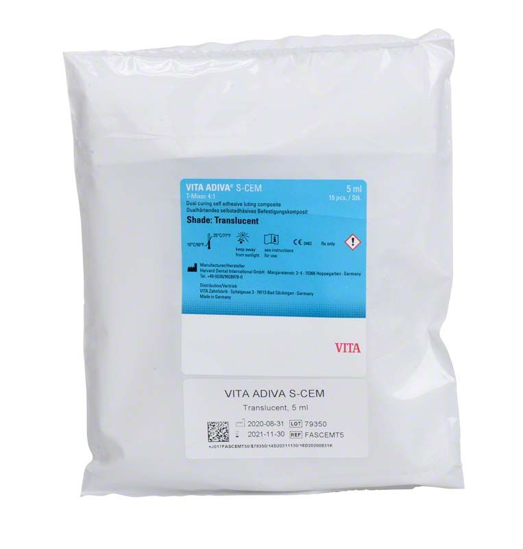 VITA ADIVA® S-CEM A2 Translucent in versiegelter Verpackung mit blauem Etikett.