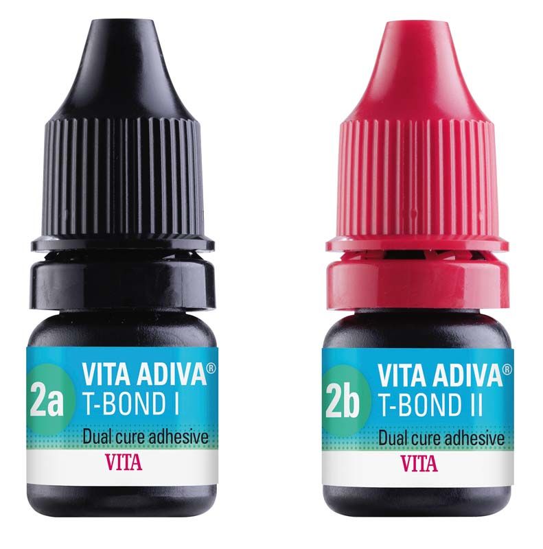 Zwei Fläschchen VITA ADIVA® T-BOND Set mit schwarzen und roten Kappen.