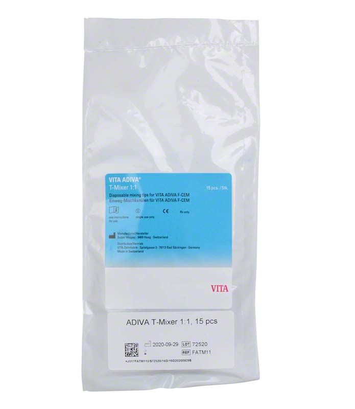 Hochwertige VITA ADIVA® T-Mixer 4:1 Mischkanülen im weißen Beutel.