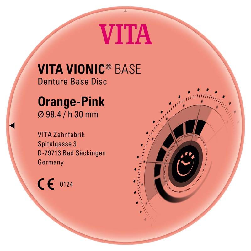 VITA VIONIC® BASE Zahnersatz-Basisplatte in Orange-Pink, 98.4 x 30mm.