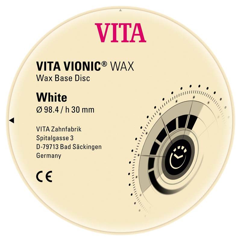 VITA VIONIC® WAX weißer Wachs-Basis-Disc mit Produktinformationen.