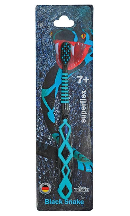 Schwarze Kinderzahnbürste 7+ im Schlangen-Design mit flexiblem Hals auf Verpackung.
