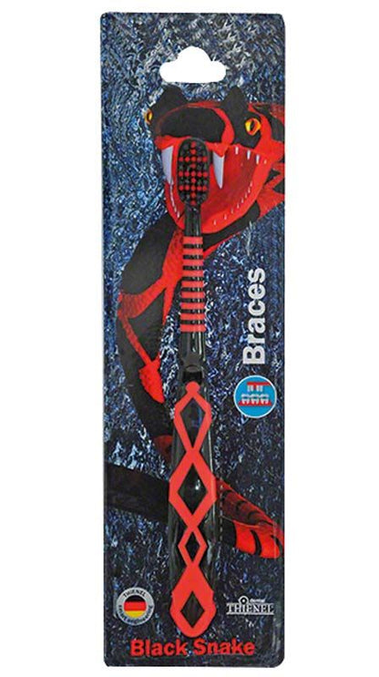 Zahnbürste 7+ Black Snake für Zahnspangen in schwarzer Verpackung.