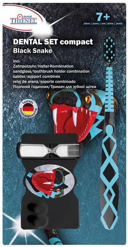 Zahnbürstenset "DENTAL SET compact 7+ Black Snake" mit Schlangenmotiv.