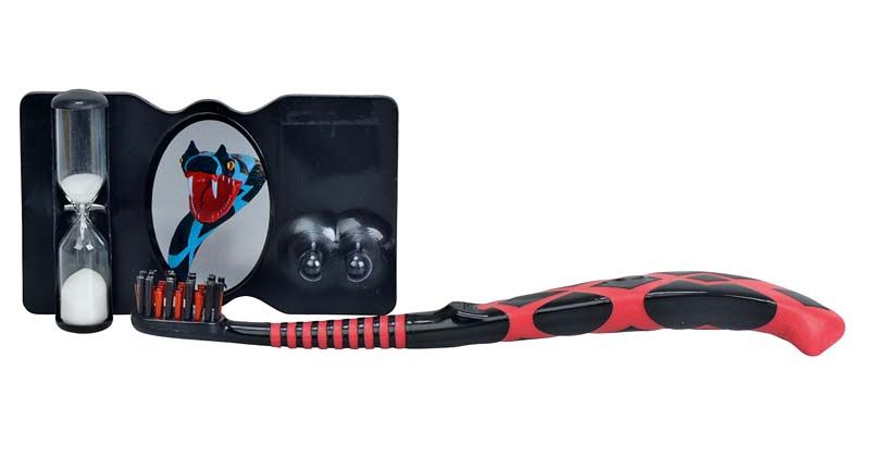 Zahnpflegeset für Kinder mit schwarzer Zahnbürste und Sanduhr.