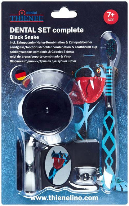 Komplettes Dentalsatz 7+ Black Snake in Blisterverpackung mit Zahnbürste und Halterung.