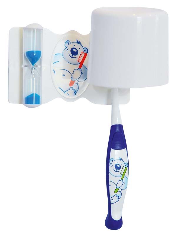 Komplettes Baby-Dentalset mit Bärendesign in Blau, inklusive Zahnbürste und Sanduhr.