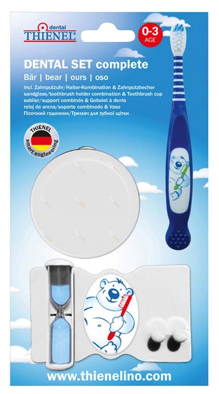 DENTAL SET für Babys (0-3 Jahre) mit blauem Bärendesign und Zahnbürste.