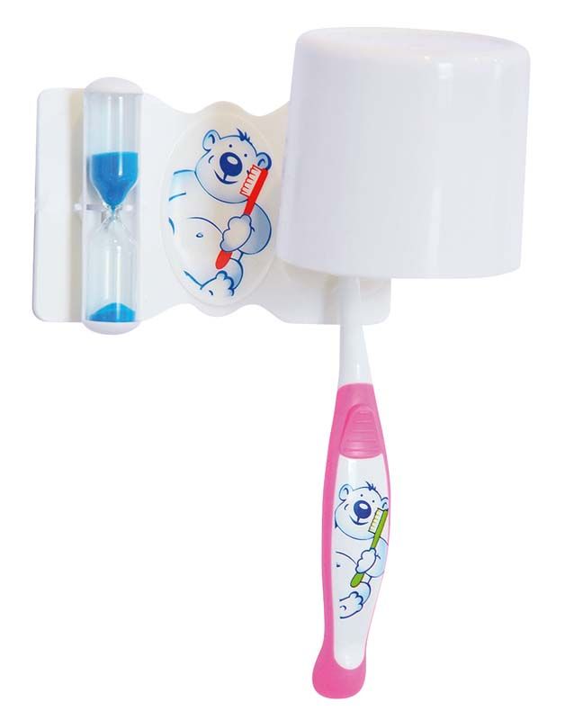 Zahnputzset für Babys (0-3) mit rosa Zahnbürste und Sanduhr.