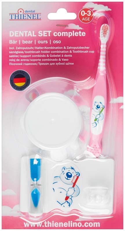 Zahnputzset für Babys mit rosa Zahnbürste und Zahnputzbecher.