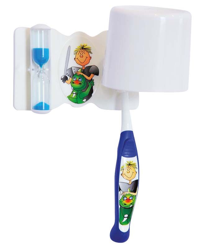 Zahnbürste und Sanduhr im DENTAL SET Junior (3-7) Ritter - blau.