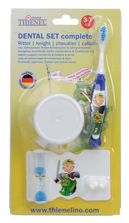 DENTAL SET Junior (3-7) Ritter - blau mit Zahnbürste und Zahnputzbecher.