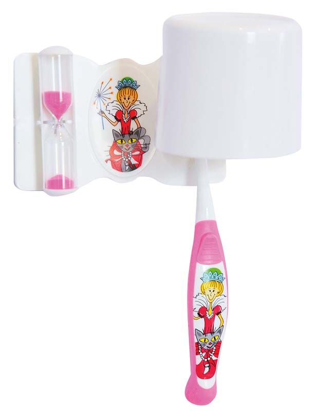Zahnpflegeset für Kinder (3-7 Jahre) in Pink mit Sanduhr und Halterung.