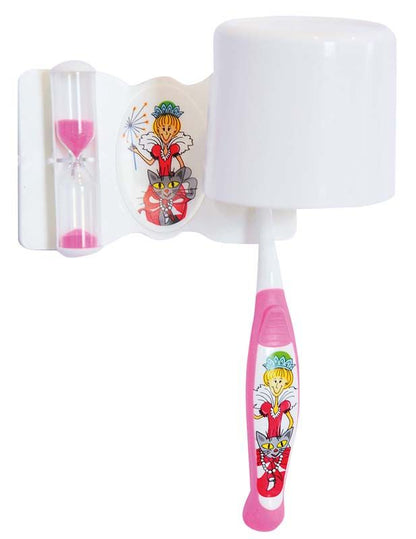 Zahnpflegeset für Kinder (3-7 Jahre) in Pink mit Sanduhr und Halterung.