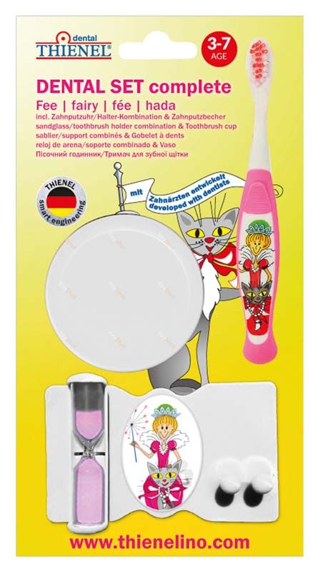 Zahnpflegeset für Kinder (3-7 Jahre) in Pink mit Zahnputzbecher und Sanduhr.