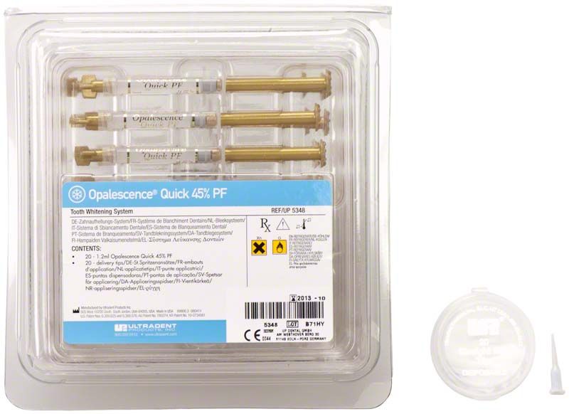 Opalescence Quick PF Econo Refill mit 45% Carbamidperoxid-Gel in Spritzen.
