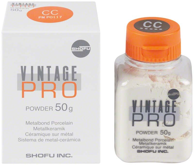Vintage PRO Cervical 50g CC Metallkeramikpulver in weißer Verpackung und Glasbehälter.