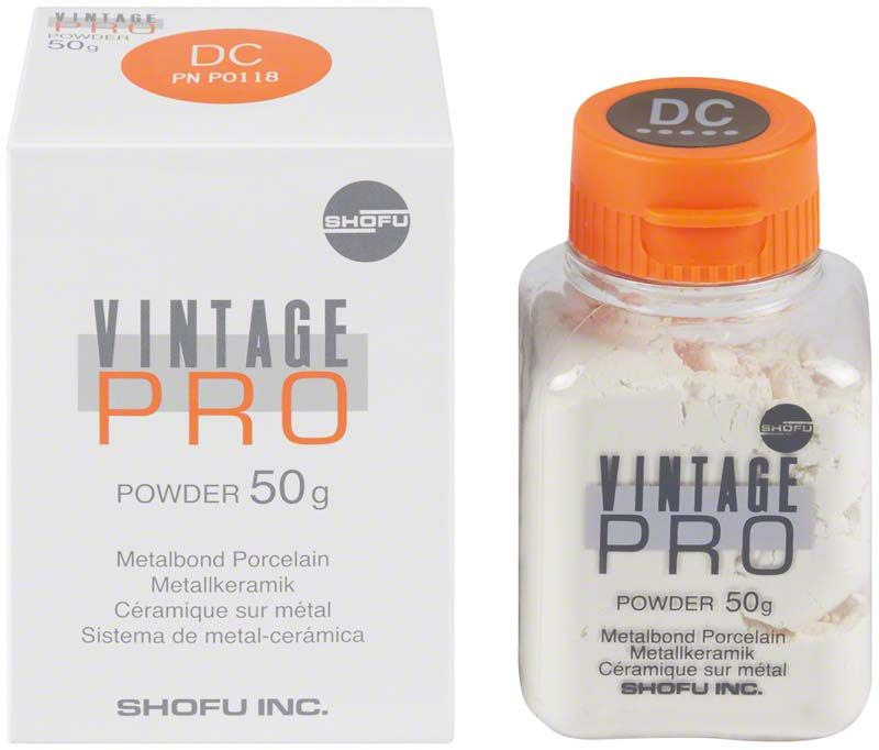 Vintage PRO Cervical 50g Metallkeramikpulver in Glasbehälter neben Originalverpackung.