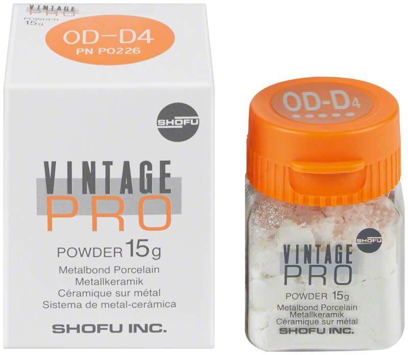 Vintage PRO Opaque Dentin 15g OD-D4 Verpackung und Glasbehälter.