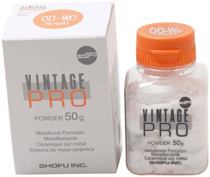 Vintage PRO Opaque Dentin 50g Pulverflasche und Verpackung.