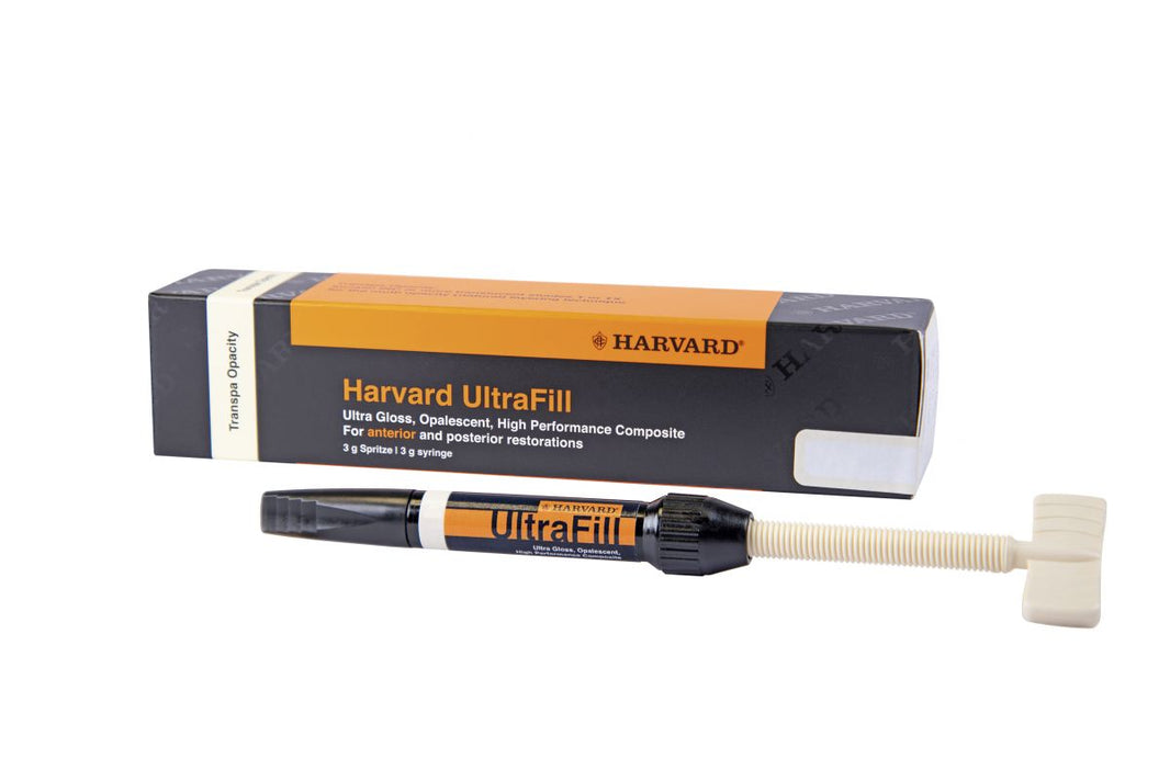 Harvard UltraFill Multi Opacity Spritze Inzisal mit Verpackung im Hintergrund