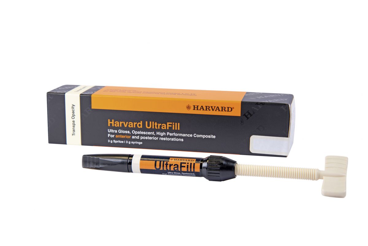 Harvard UltraFill Spritze für dentale Anwendungen mit Verpackung im Hintergrund