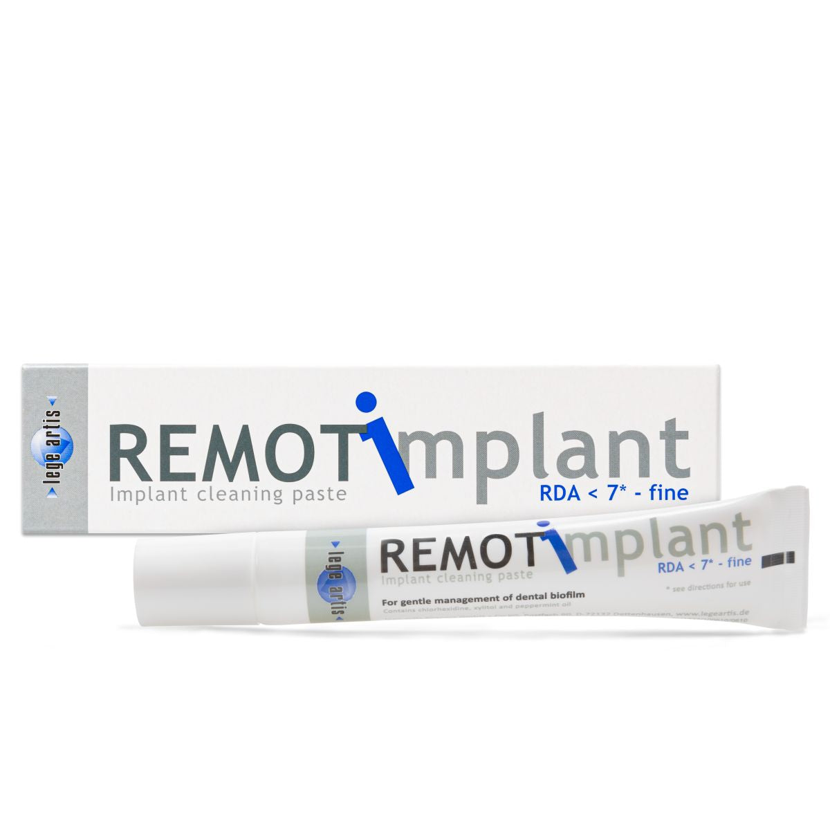 REMOT implant Reinigungspaste in weißer Tube vor Verpackung