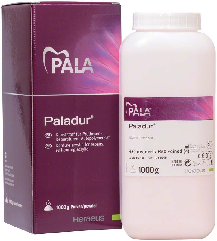 Paladur® Pulver 1000g R50 geadert in weißer Kunststoffflasche mit violetter Verpackung.