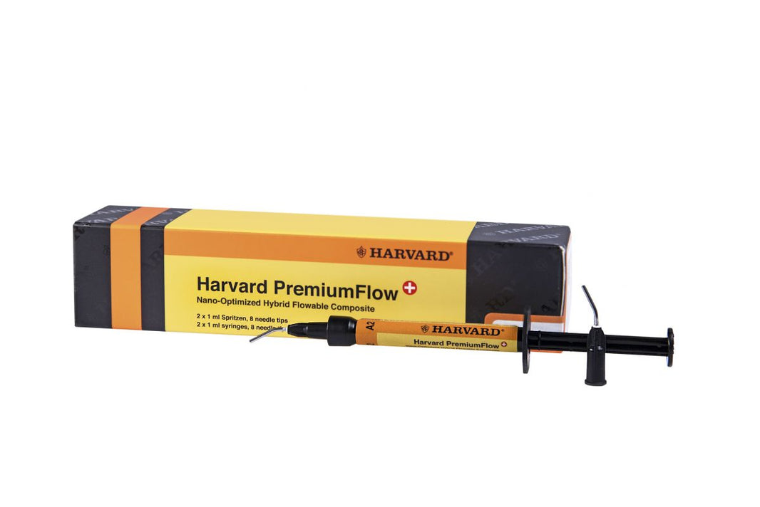 Harvard PremiumFlow + Spritze A2 vor Produktverpackung auf weißem Hintergrund.