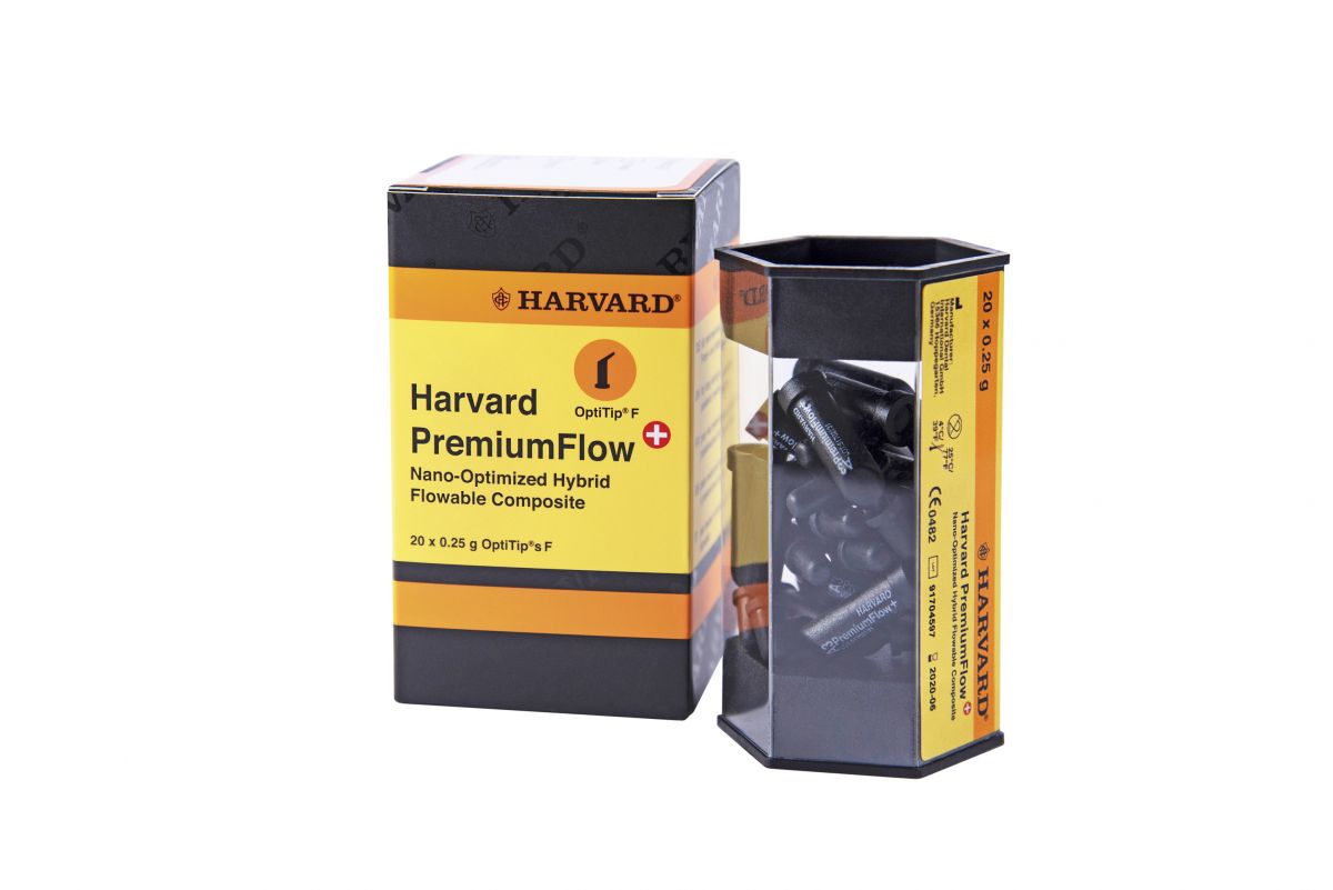 Harvard PremiumFlow + OptiTip®F A3 Flow-Komposit in Verpackung mit Applikationsspitzen.