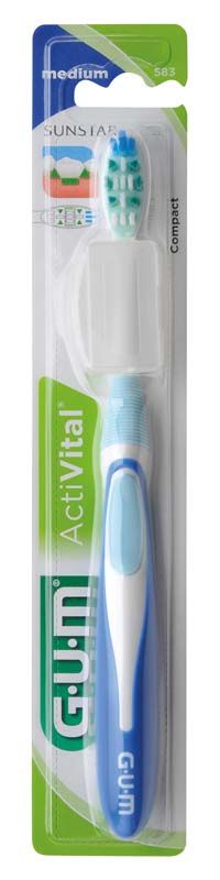 GUM® ActiVital® Zahnbürste kompakt, mittel in Verpackung mit ergonomischem Griff.