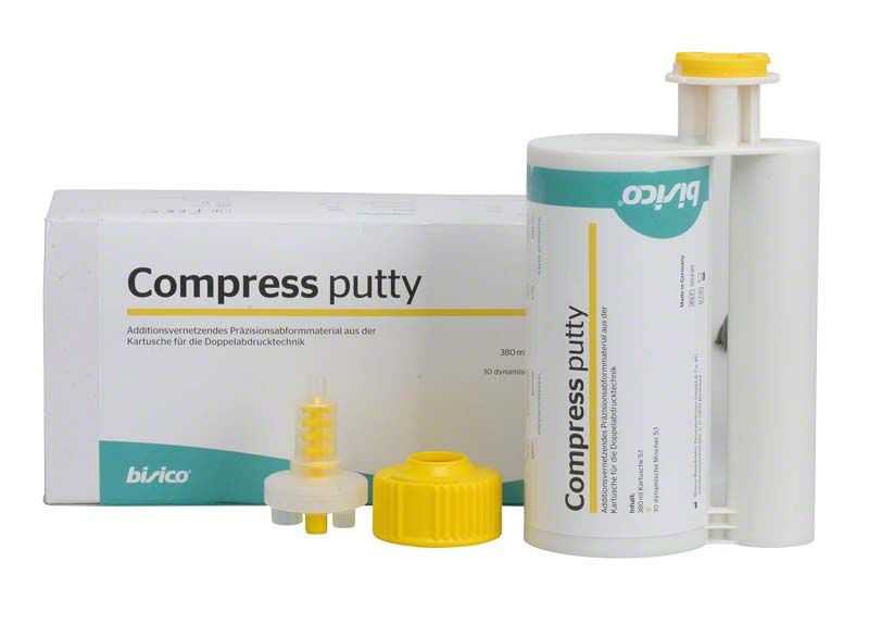 Additionsvernetzendes A-Silikon-Abformmaterial Compress putty mit Kartusche und Zubehör.