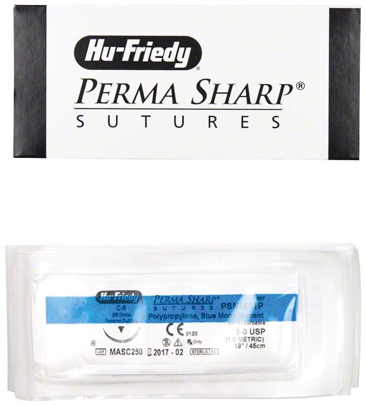 Verpackung des Perma Sharp Nahtmaterials für Dentalchirurgie.
