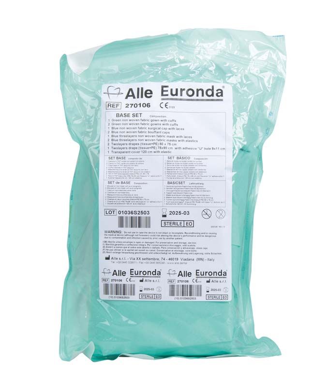 Steril verpacktes OP-Set Basis mit Etikett und Produktinformationen.