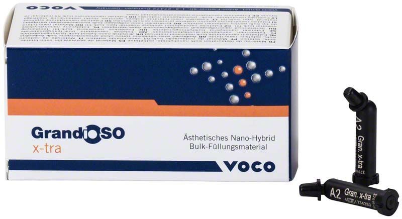 GrandioSO x-tra Caps A2, Bulk-Füllungsmaterial, Verpackung und Einzelkapsel.