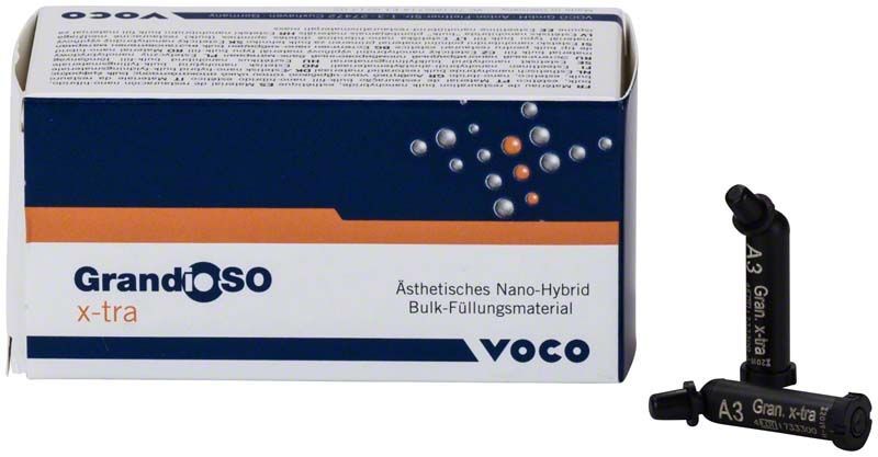 GrandioSO x-tra Caps A3 Bulk-Füllungsmaterial vor Verpackung und Applikatorkapsel.